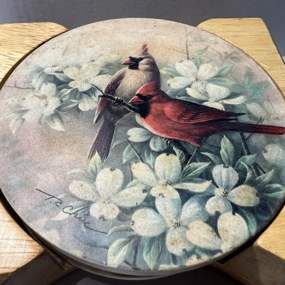 Vintage T.C. Chiu Red Cardinal Bird Coaster Set with Wooden Storage Holder MCM